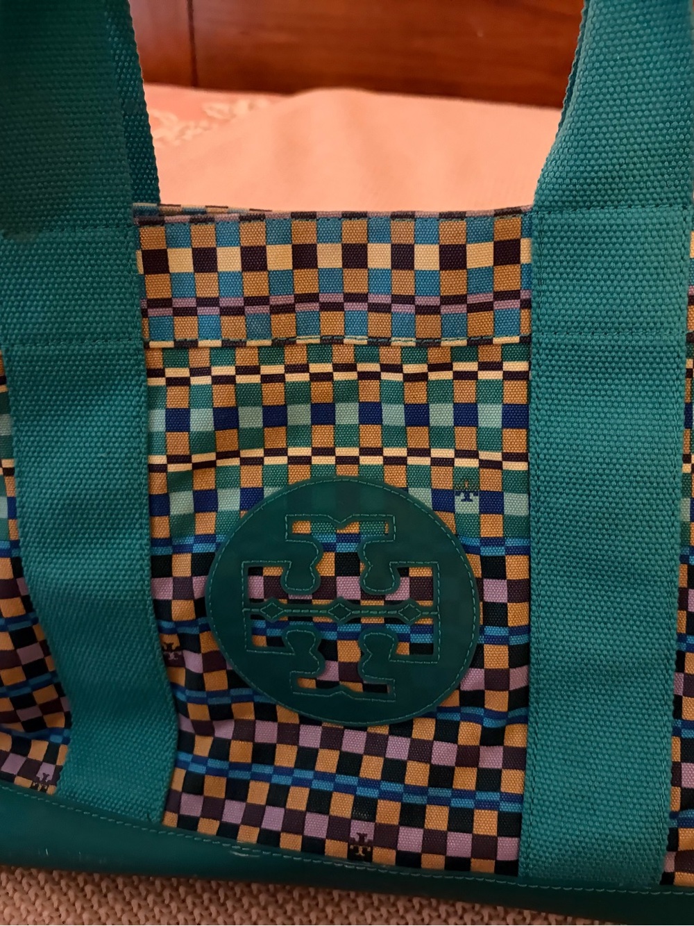 Tory Burch Multicolor Check Canvas Tote with Teal Trim